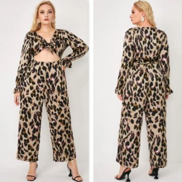 Flounce Sleeve Leopard TIe Front Peekaboo Jumpsuit - Picture 4 of 10